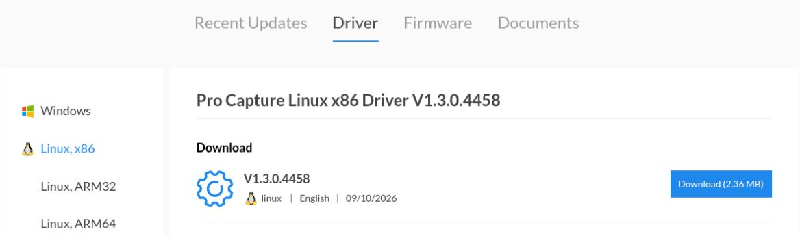 Magewell Pro Capture Driver tab with Linux, x86 selected and the Linux driver Download button.
