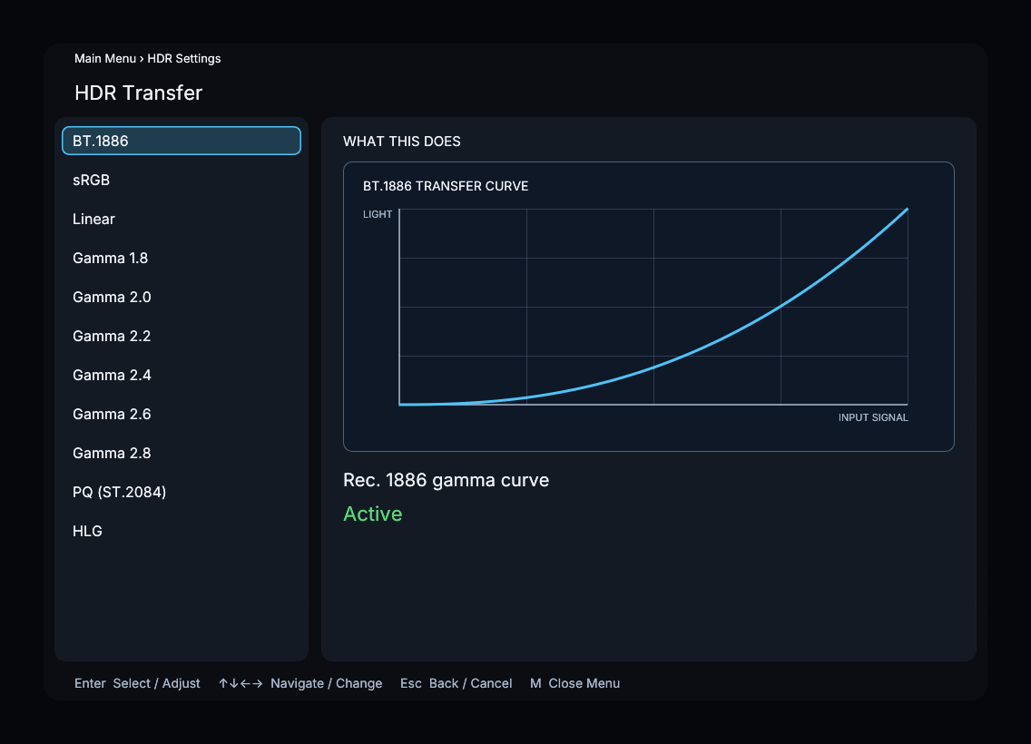 HDR Transfer Function menu and curve diagram