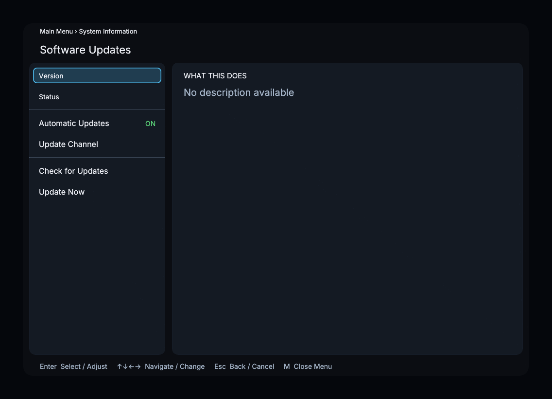 Software Updates menu on the develop channel