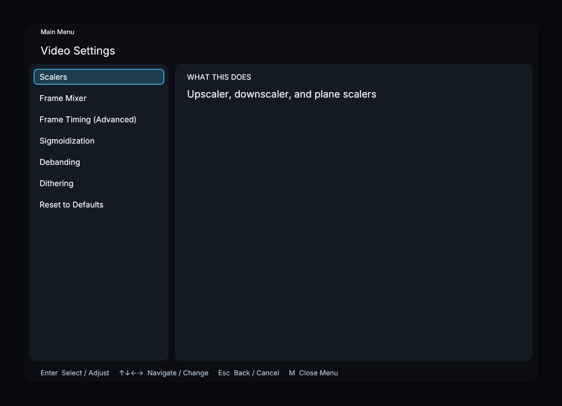 Video Settings menu