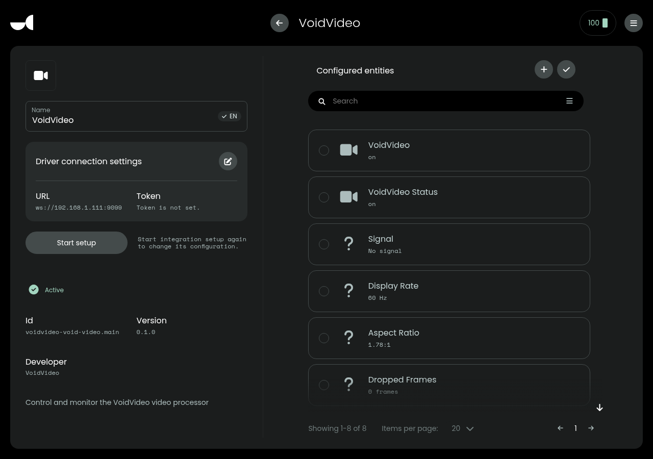 Active VoidVideo integration and configured entities